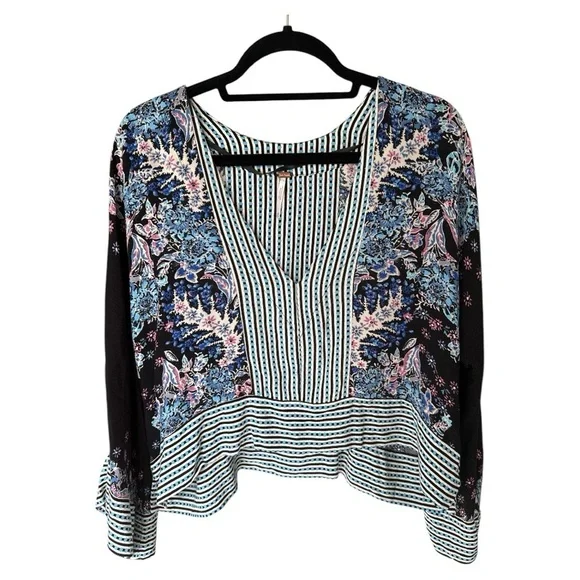 Free People Mix & Match Cropped Oversize Blouse XS Blue Prints - Picture 4 of 8